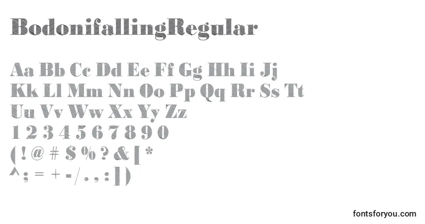 A fonte BodonifallingRegular – alfabeto, números, caracteres especiais