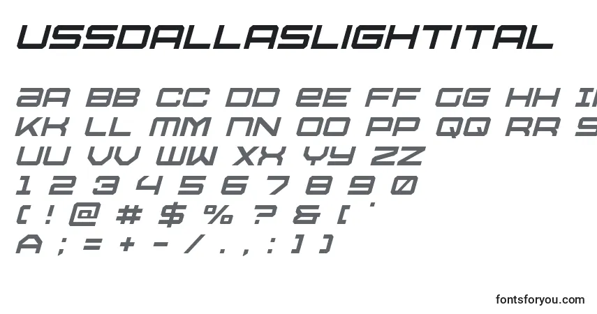 Czcionka Ussdallaslightital – alfabet, cyfry, specjalne znaki