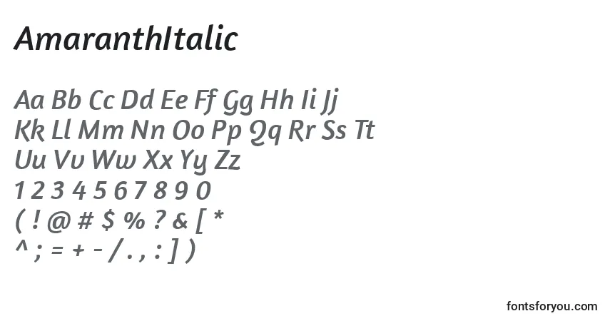 A fonte AmaranthItalic – alfabeto, números, caracteres especiais