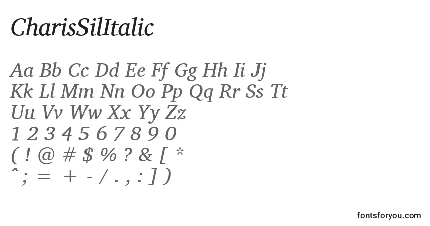 Czcionka CharisSilItalic – alfabet, cyfry, specjalne znaki