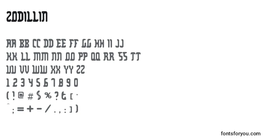 Schriftart Zodillin – Alphabet, Zahlen, spezielle Symbole