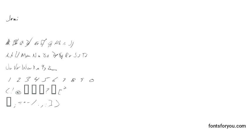 Schriftart Jeni – Alphabet, Zahlen, spezielle Symbole