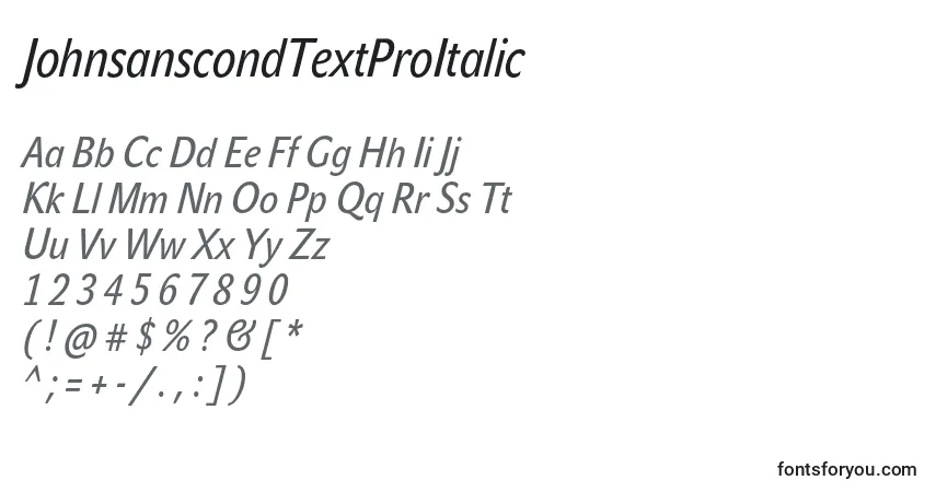 Шрифт JohnsanscondTextProItalic – алфавит, цифры, специальные символы