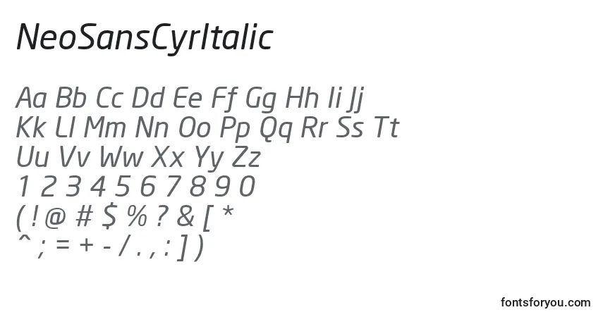 A fonte NeoSansCyrItalic – alfabeto, números, caracteres especiais