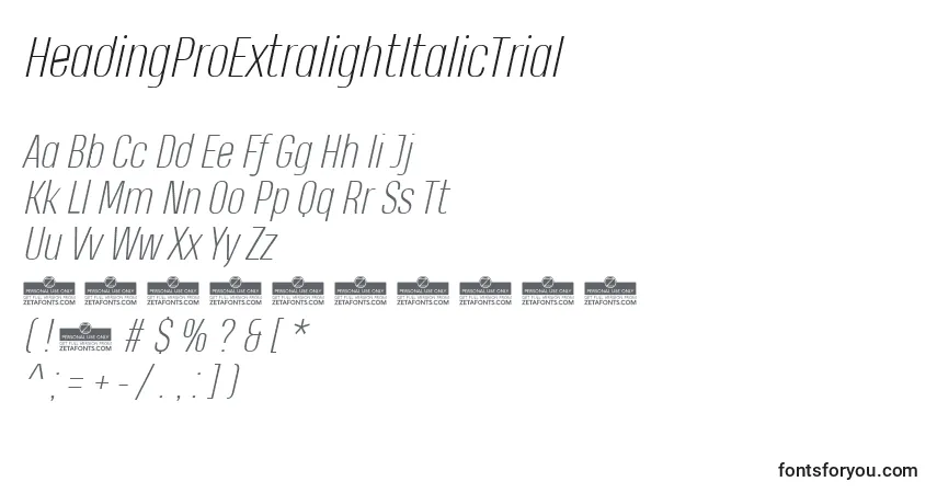 A fonte HeadingProExtralightItalicTrial – alfabeto, números, caracteres especiais