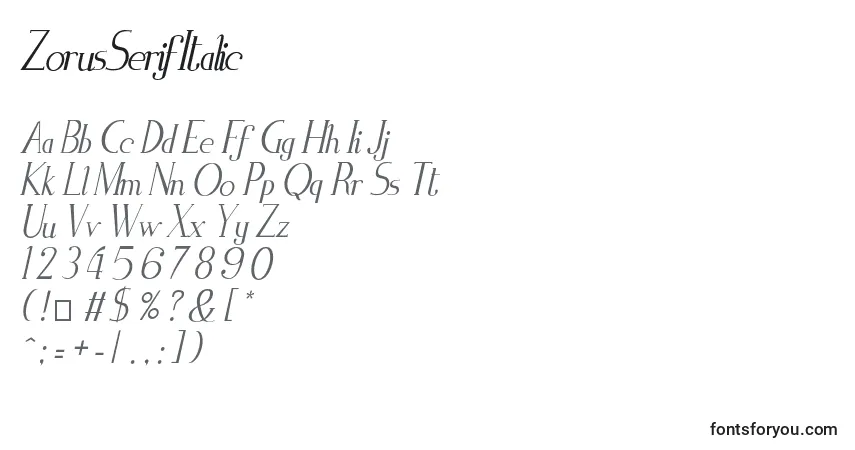 Czcionka ZorusSerifItalic – alfabet, cyfry, specjalne znaki