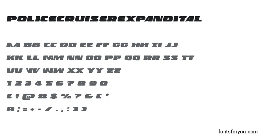 Czcionka Policecruiserexpandital – alfabet, cyfry, specjalne znaki
