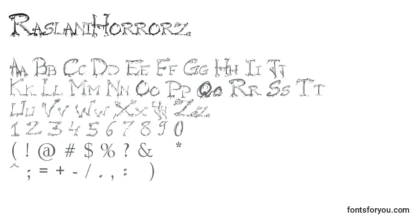 A fonte RaslaniHorrorz – alfabeto, números, caracteres especiais