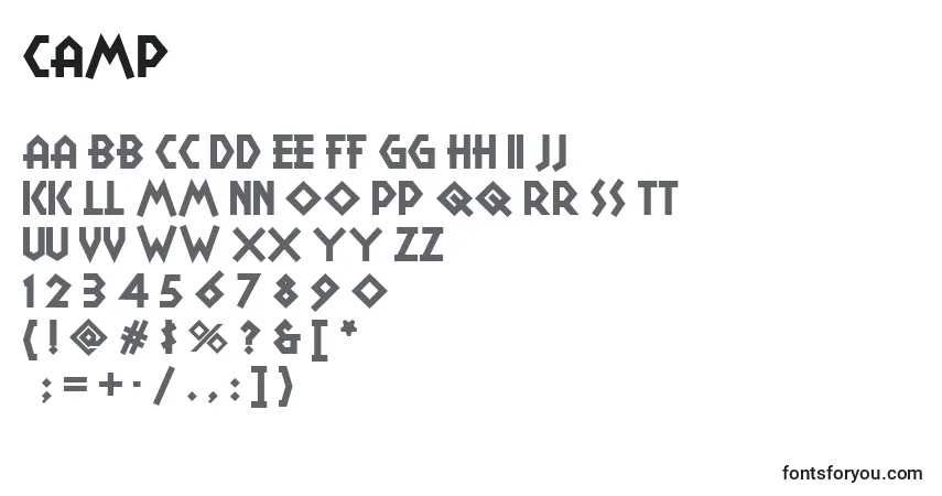 Czcionka Camp – alfabet, cyfry, specjalne znaki