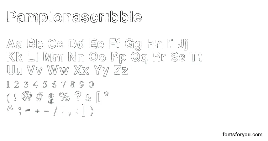Czcionka Pamplonascribble – alfabet, cyfry, specjalne znaki