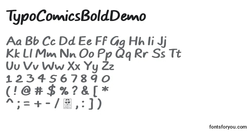 A fonte TypoComicsBoldDemo – alfabeto, números, caracteres especiais