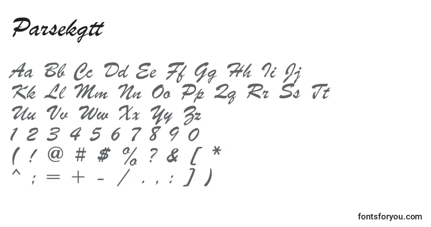 Czcionka Parsekgtt – alfabet, cyfry, specjalne znaki