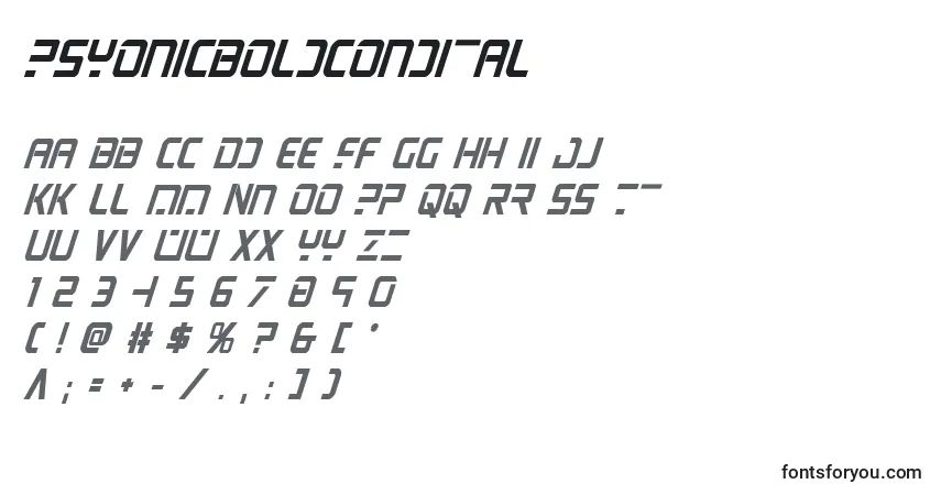 Schriftart Psyonicboldcondital – Alphabet, Zahlen, spezielle Symbole