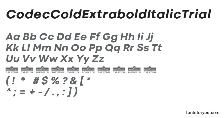 A fonte CodecColdExtraboldItalicTrial – alfabeto, números, caracteres especiais