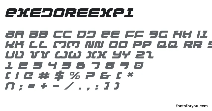 Czcionka Exedoreexpi – alfabet, cyfry, specjalne znaki