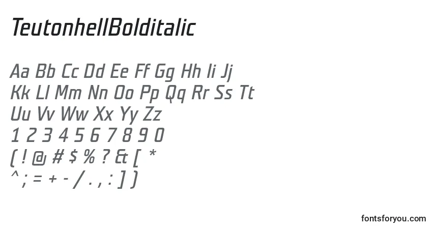 Czcionka TeutonhellBolditalic – alfabet, cyfry, specjalne znaki