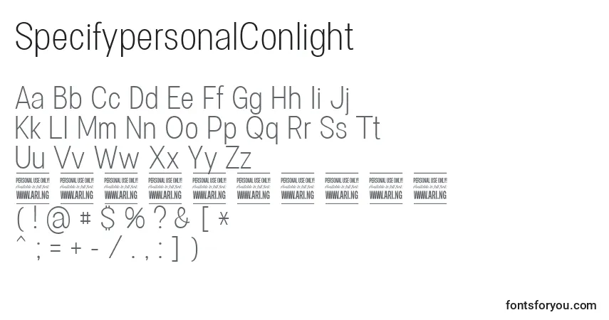 A fonte SpecifypersonalConlight – alfabeto, números, caracteres especiais