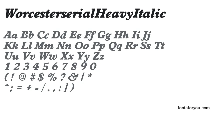 Czcionka WorcesterserialHeavyItalic – alfabet, cyfry, specjalne znaki