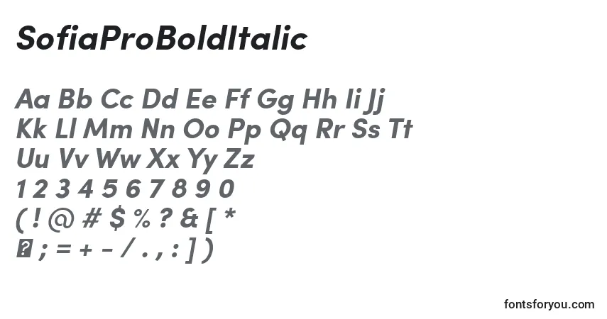A fonte SofiaProBoldItalic – alfabeto, números, caracteres especiais