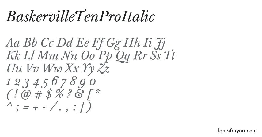 Czcionka BaskervilleTenProItalic – alfabet, cyfry, specjalne znaki