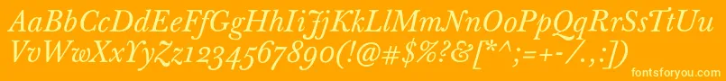 BaskervilleTenProItalic-Schriftart – Gelbe Schriften auf orangefarbenem Hintergrund