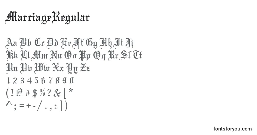 Czcionka MarriageRegular – alfabet, cyfry, specjalne znaki