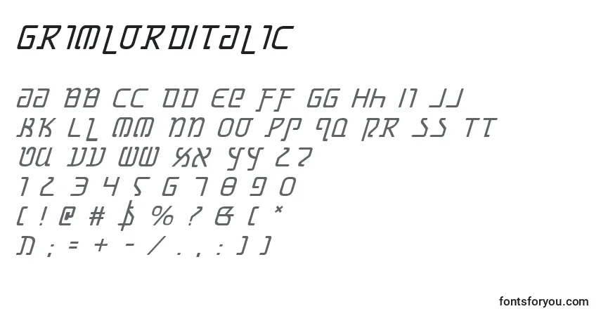 Шрифт GrimlordItalic – алфавит, цифры, специальные символы