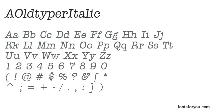 Czcionka AOldtyperItalic – alfabet, cyfry, specjalne znaki