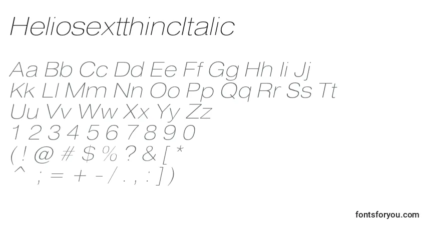 A fonte HeliosextthincItalic – alfabeto, números, caracteres especiais