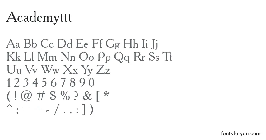 A fonte Academyttt – alfabeto, números, caracteres especiais