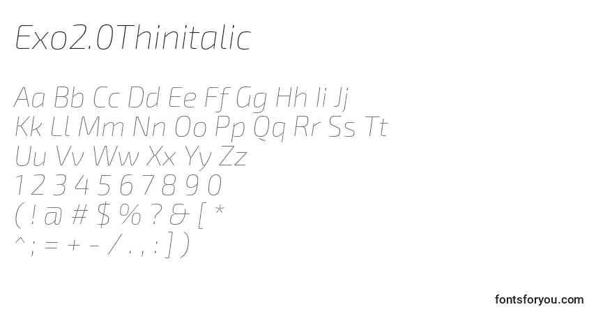A fonte Exo2.0Thinitalic – alfabeto, números, caracteres especiais