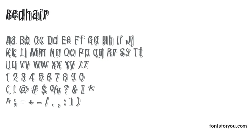 Czcionka Redhair – alfabet, cyfry, specjalne znaki