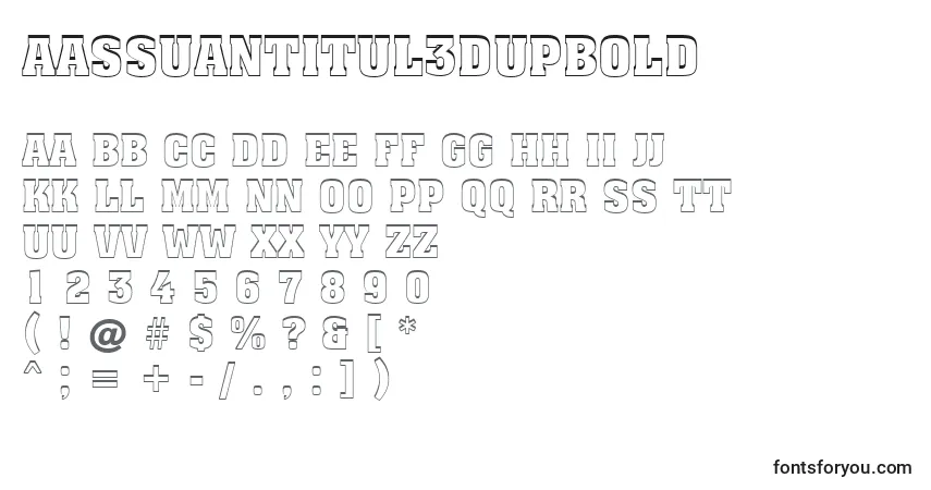 A fonte AAssuantitul3DupBold – alfabeto, números, caracteres especiais