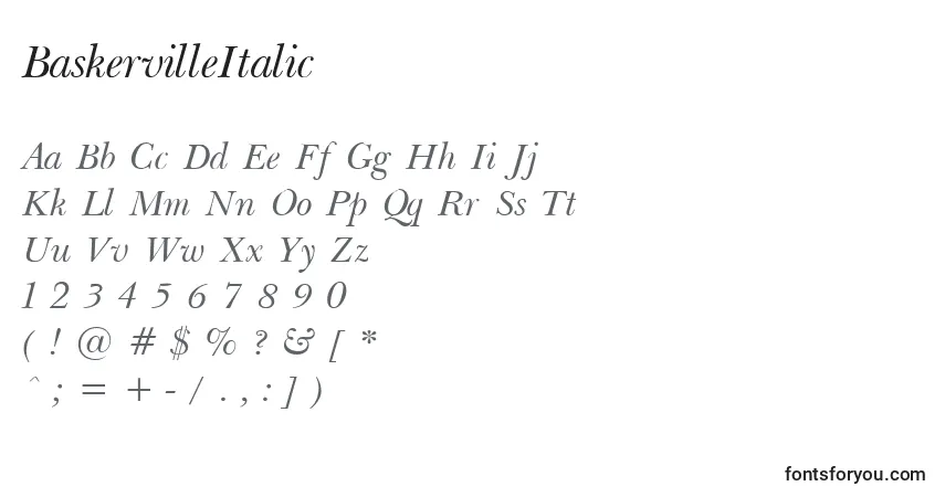 BaskervilleItalic-fontti – aakkoset, numerot, erikoismerkit