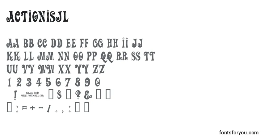 A fonte ActionIsJl – alfabeto, números, caracteres especiais