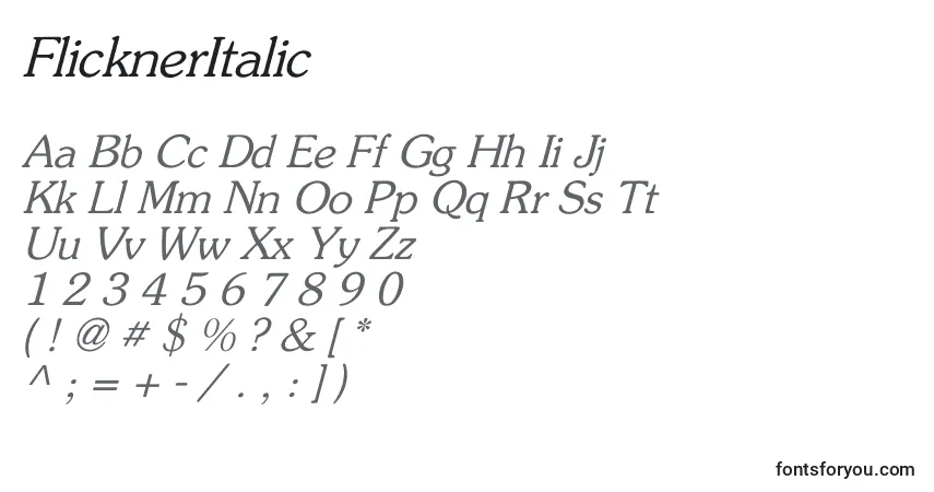Fuente FlicknerItalic - alfabeto, números, caracteres especiales