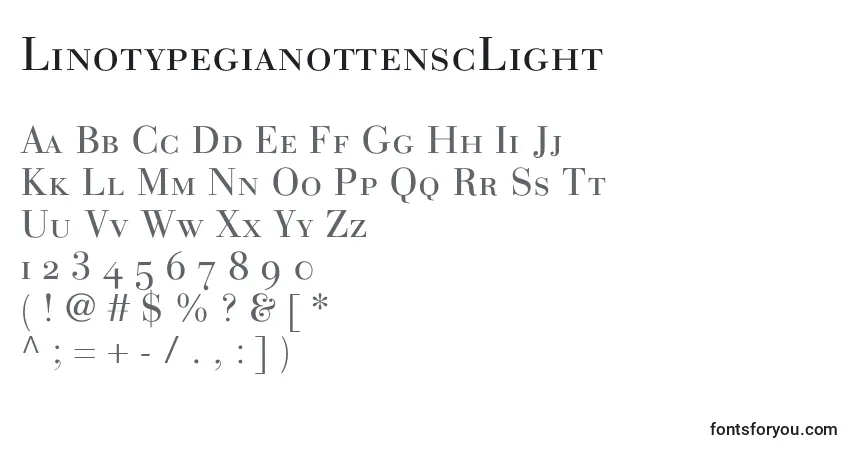 A fonte LinotypegianottenscLight – alfabeto, números, caracteres especiais