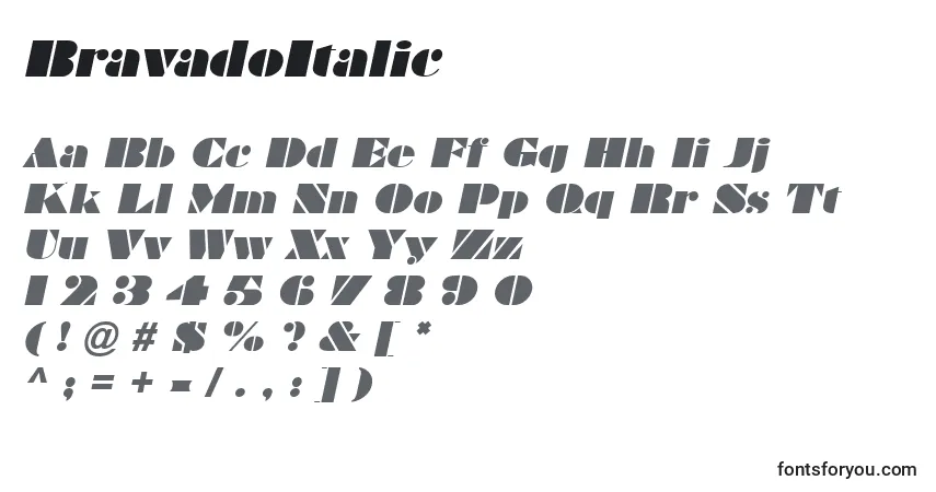 Czcionka BravadoItalic – alfabet, cyfry, specjalne znaki