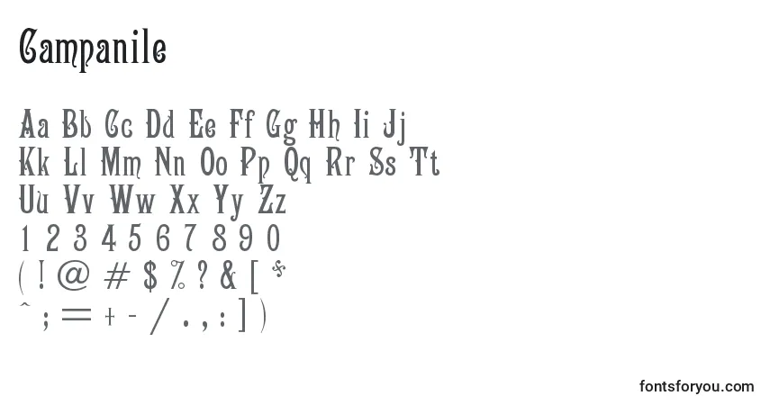 Czcionka Campanile – alfabet, cyfry, specjalne znaki