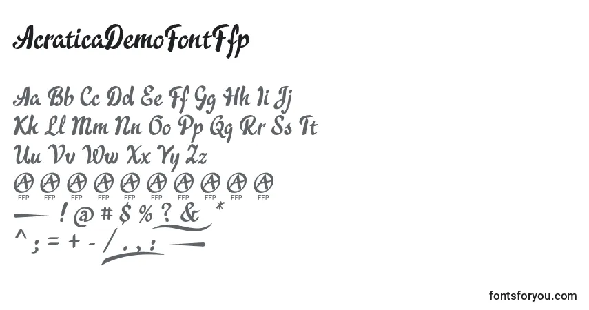 Czcionka AcraticaDemoFontFfp – alfabet, cyfry, specjalne znaki
