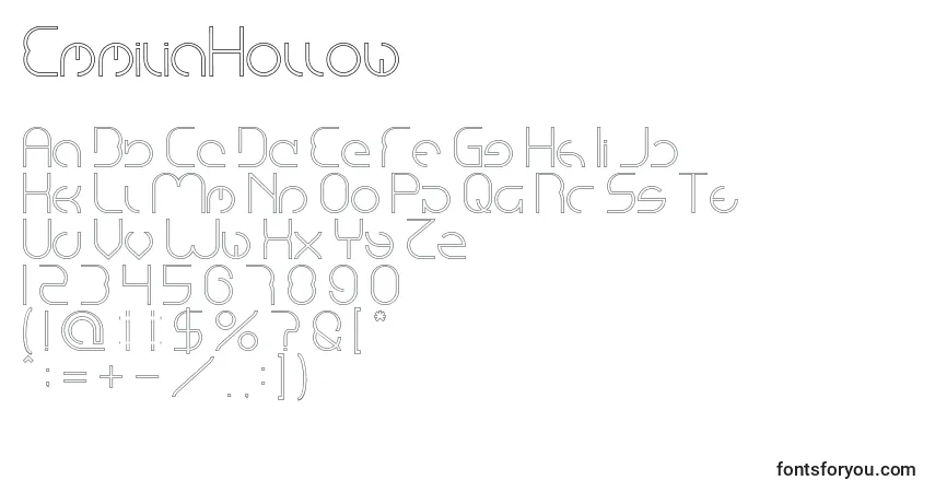 A fonte EmmiliaHollow – alfabeto, números, caracteres especiais