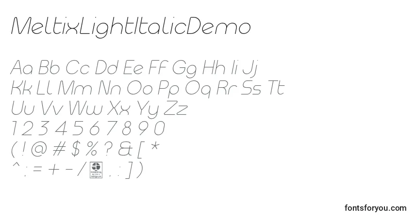 Schriftart MeltixLightItalicDemo – Alphabet, Zahlen, spezielle Symbole
