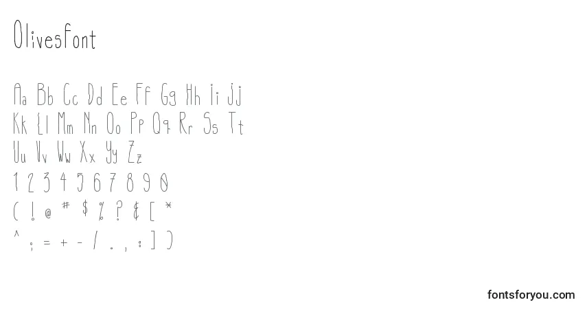 A fonte Olivesfont – alfabeto, números, caracteres especiais