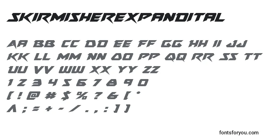 Schriftart Skirmisherexpandital – Alphabet, Zahlen, spezielle Symbole