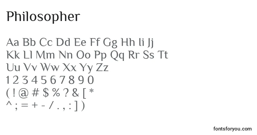 Шрифт Philosopher – алфавит, цифры, специальные символы