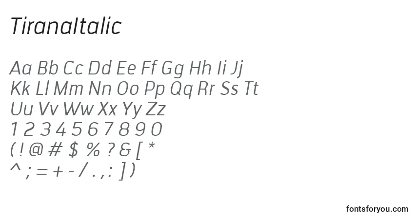 Czcionka TiranaItalic – alfabet, cyfry, specjalne znaki