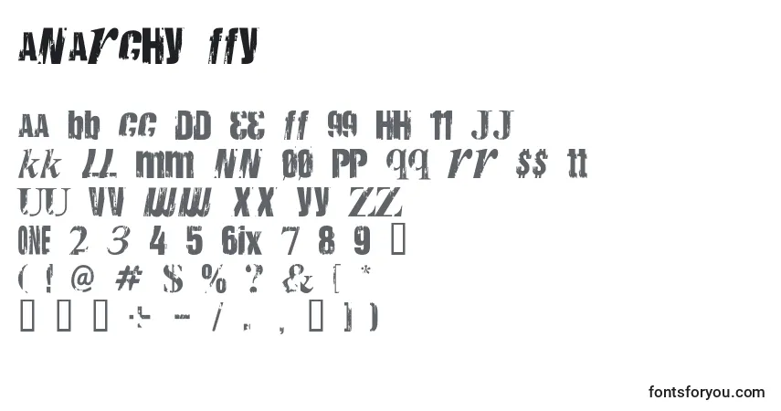 A fonte Anarchy ffy – alfabeto, números, caracteres especiais
