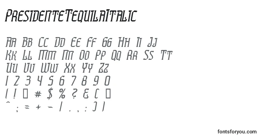 Fuente PresidenteTequilaItalic - alfabeto, números, caracteres especiales