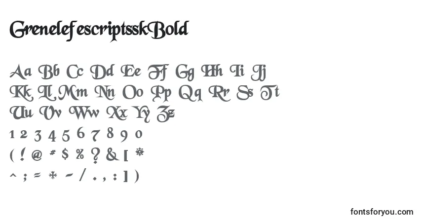 Czcionka GrenelefescriptsskBold – alfabet, cyfry, specjalne znaki
