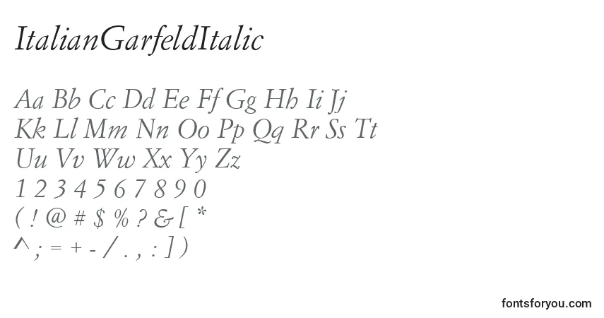 Fuente ItalianGarfeldItalic - alfabeto, números, caracteres especiales